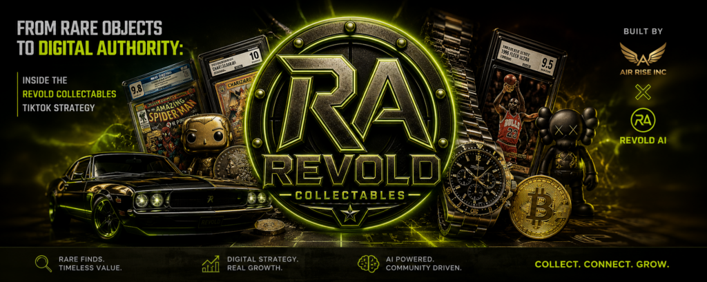 REVOLD COLLECTABLES blog banner showing rare collectibles, digital authority, TikTok strategy, AIR RISE INC, and REVOLD AI branding in a cinematic neon collector style