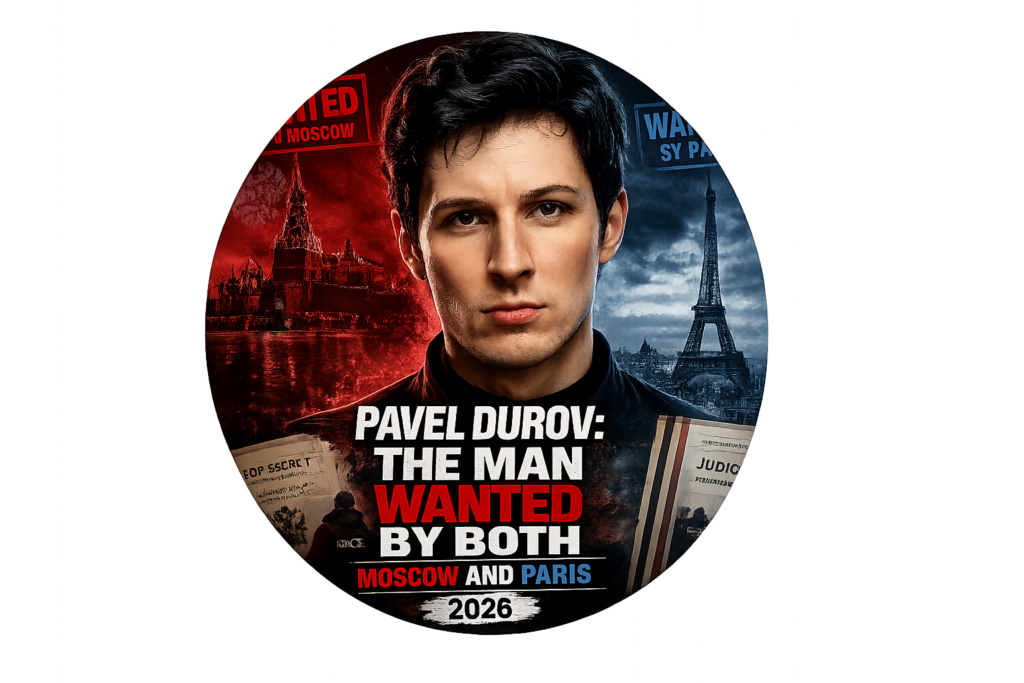Pavel Durov portrait collage with Moscow and Paris skyline backdrop, illustrating the Telegram founder legal case wanted by both Moscow and Paris in 2026