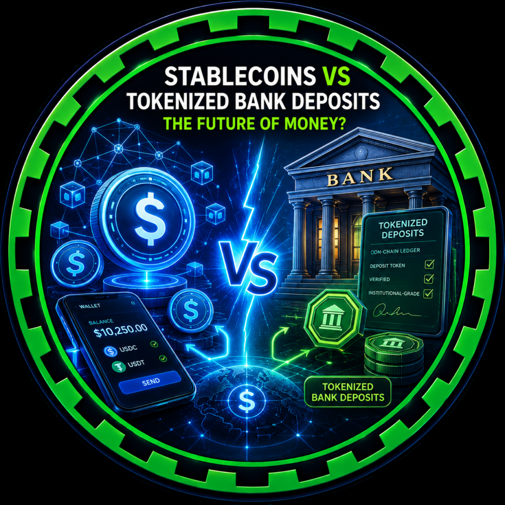 Illustration contrasting stablecoins and tokenized bank deposits as competing forms of digital money