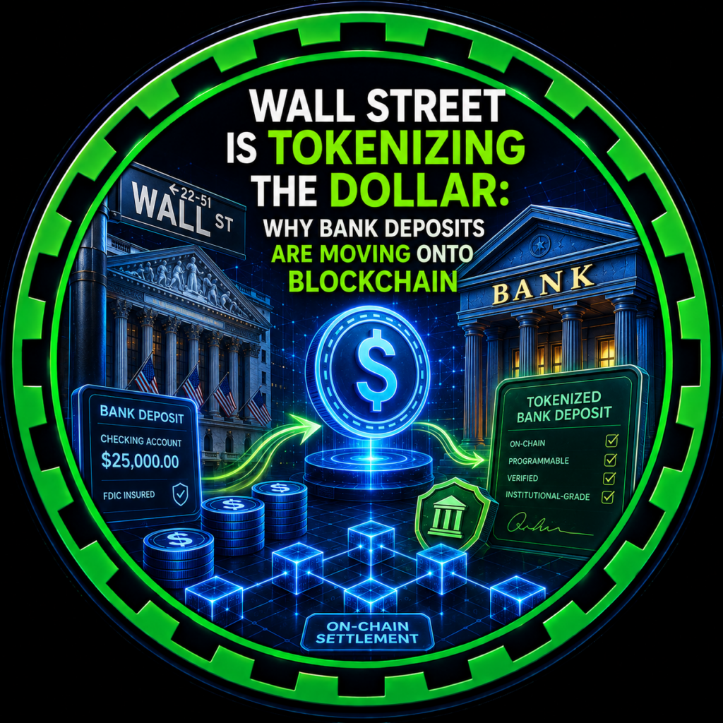 Illustration of Wall Street tokenizing the dollar as bank deposits move onto blockchain